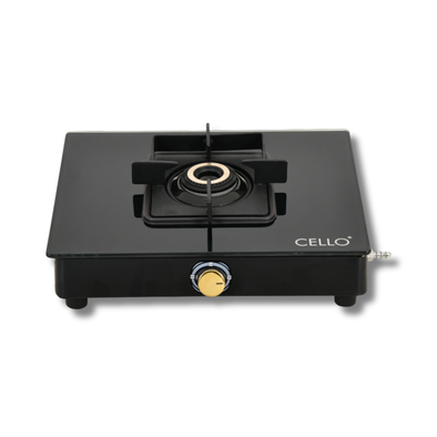 CELLO Black Pearl Toughened Glass Top Gas Stove, Brass Burners, Black Finish Glass Manual Gas Stove