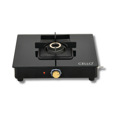 CELLO Black Pearl Toughened Glass Top Gas Stove, Brass Burners, Black Finish Glass Automatic Gas Stove